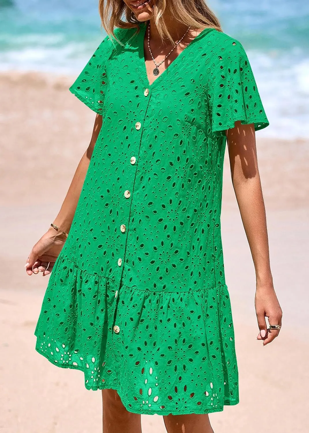 KIRUNDO Summer Dresses for Women 2025 Button Down V Neck Short Sleeve Hollow Out Lace A Line Casual Mini Babydoll Dress