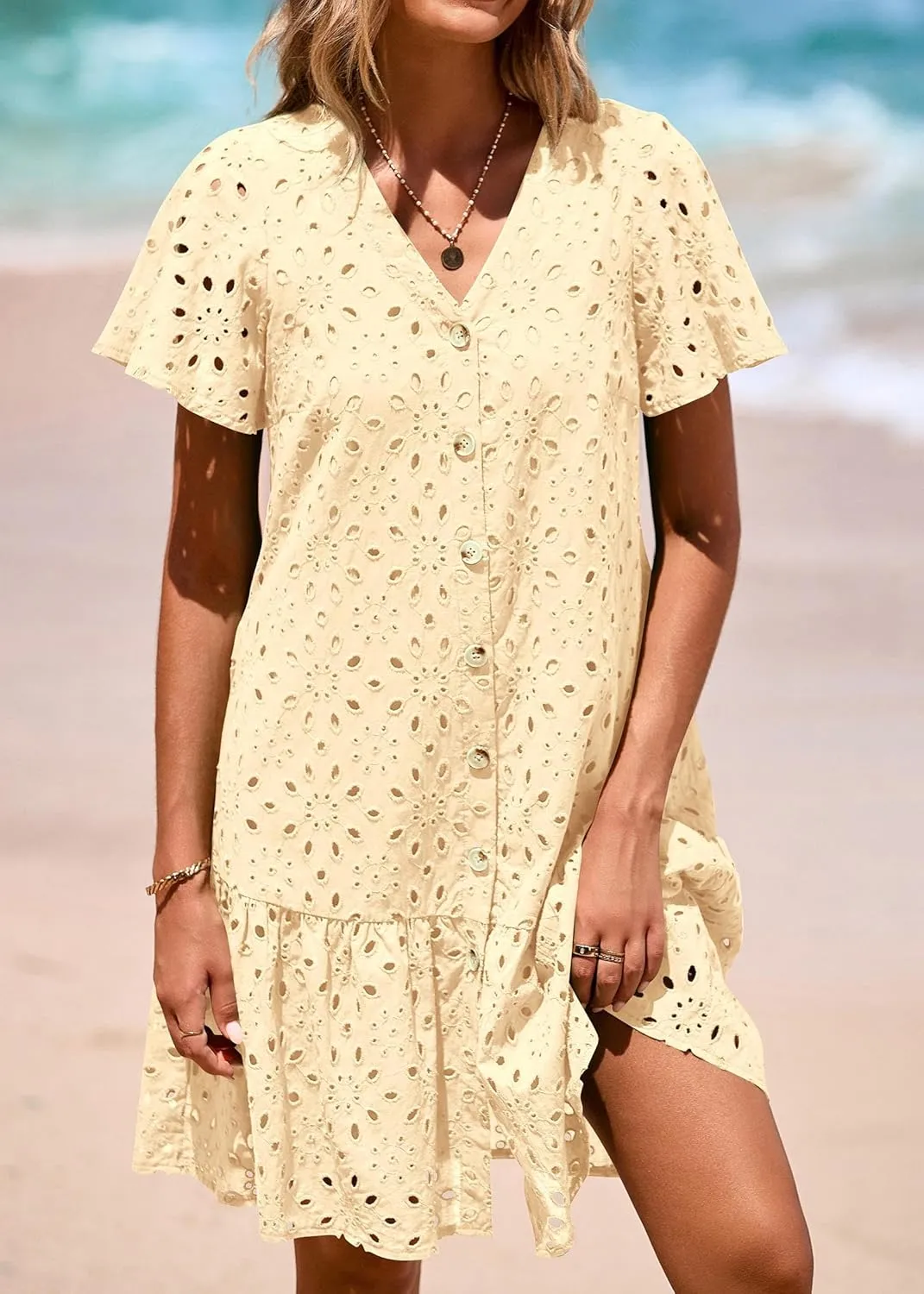 KIRUNDO Summer Dresses for Women 2025 Button Down V Neck Short Sleeve Hollow Out Lace A Line Casual Mini Babydoll Dress