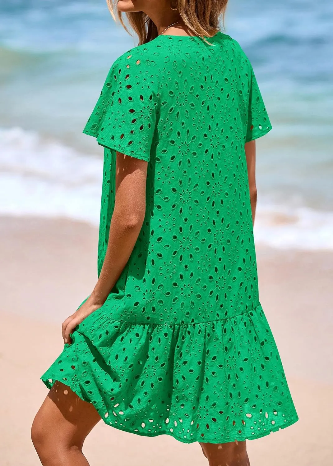 KIRUNDO Summer Dresses for Women 2025 Button Down V Neck Short Sleeve Hollow Out Lace A Line Casual Mini Babydoll Dress