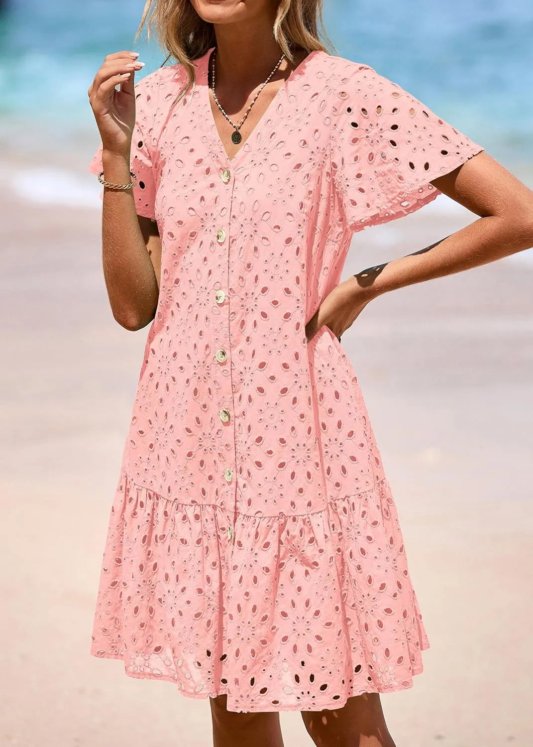 KIRUNDO Summer Dresses for Women 2025 Button Down V Neck Short Sleeve Hollow Out Lace A Line Casual Mini Babydoll Dress