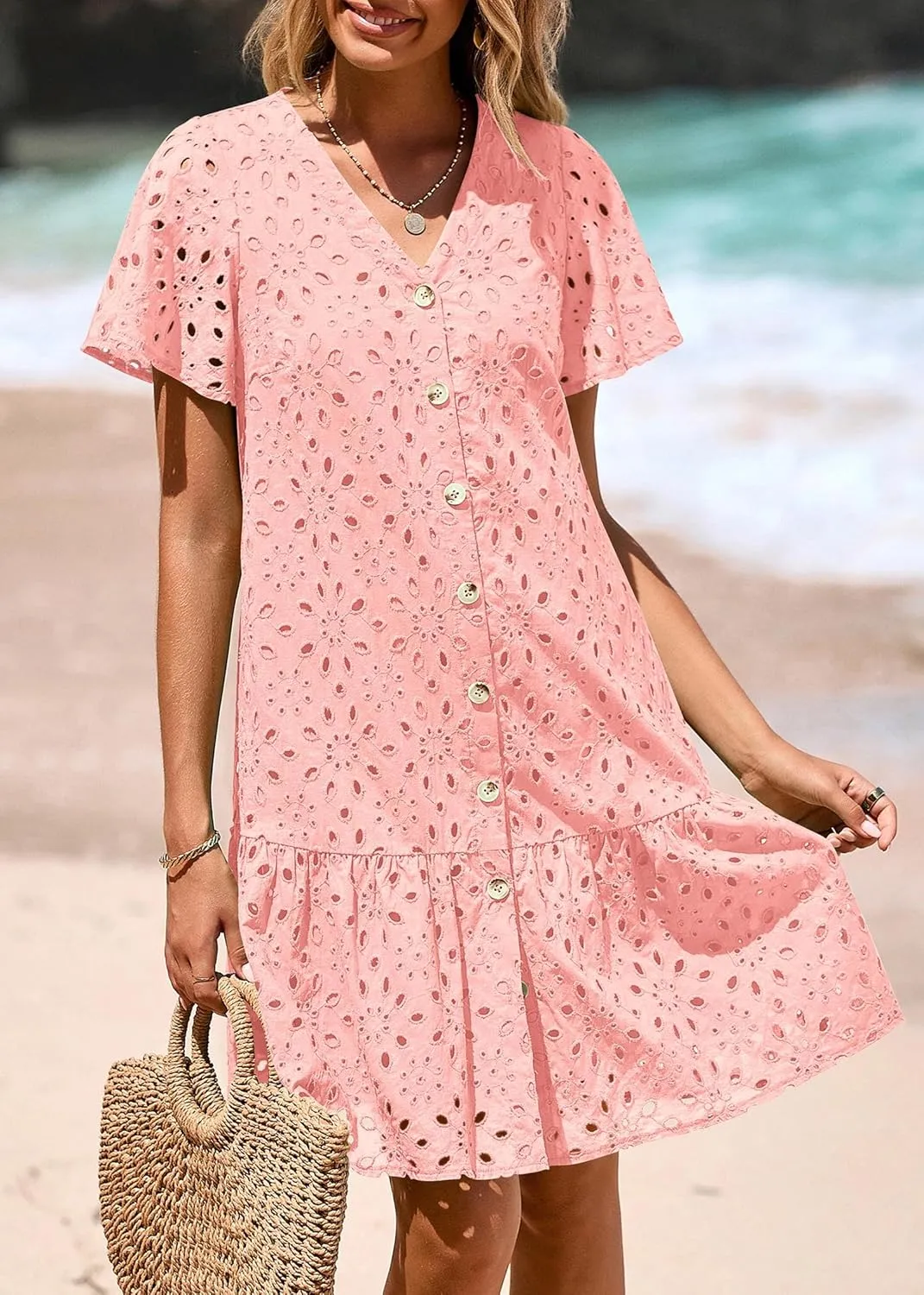 KIRUNDO Summer Dresses for Women 2025 Button Down V Neck Short Sleeve Hollow Out Lace A Line Casual Mini Babydoll Dress