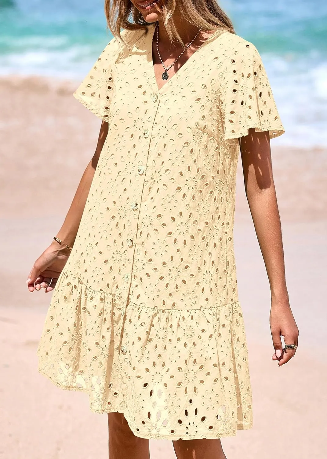 KIRUNDO Summer Dresses for Women 2025 Button Down V Neck Short Sleeve Hollow Out Lace A Line Casual Mini Babydoll Dress