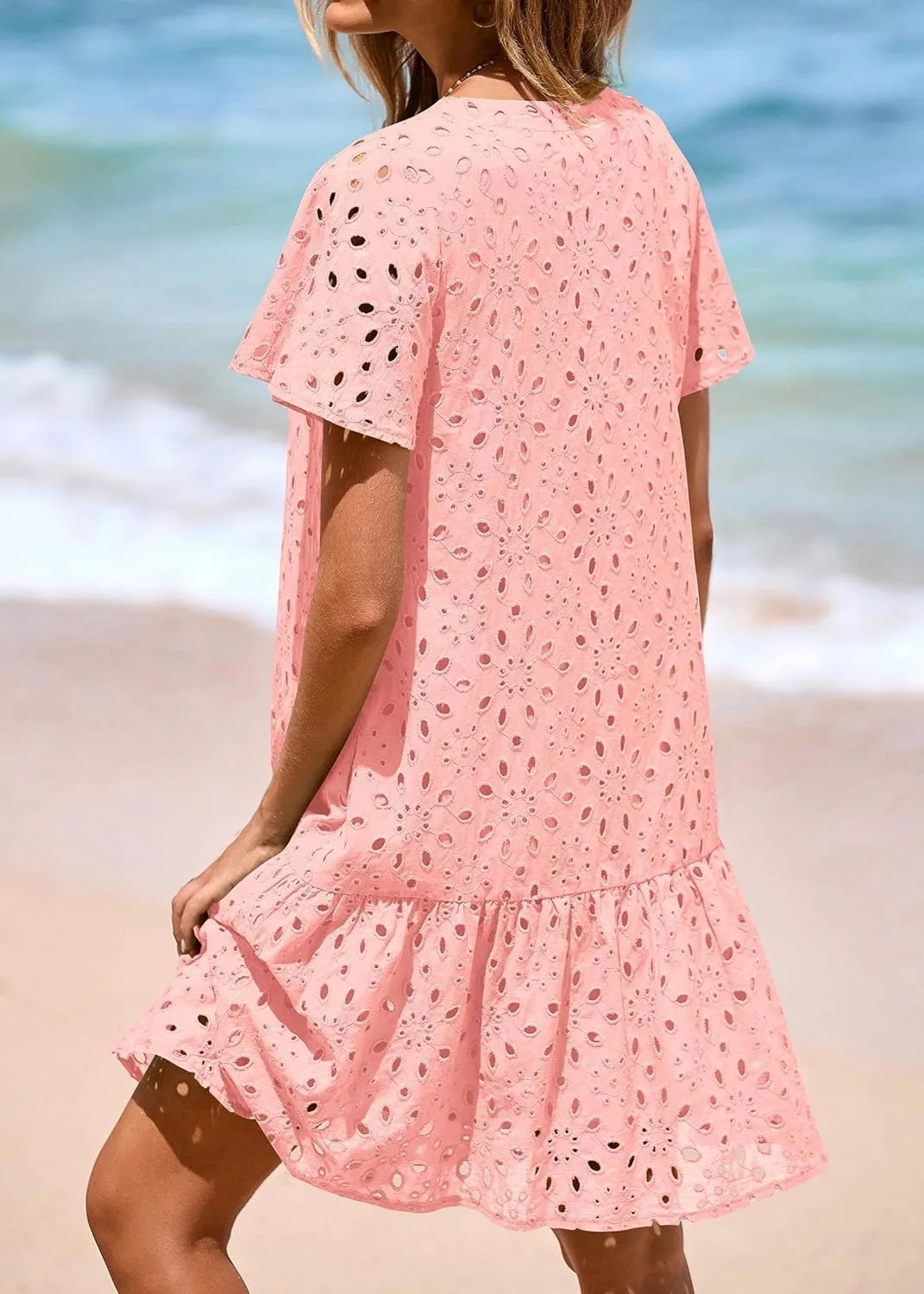 KIRUNDO Summer Dresses for Women 2025 Button Down V Neck Short Sleeve Hollow Out Lace A Line Casual Mini Babydoll Dress
