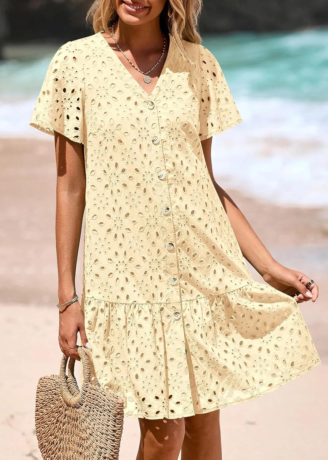 KIRUNDO Summer Dresses for Women 2025 Button Down V Neck Short Sleeve Hollow Out Lace A Line Casual Mini Babydoll Dress