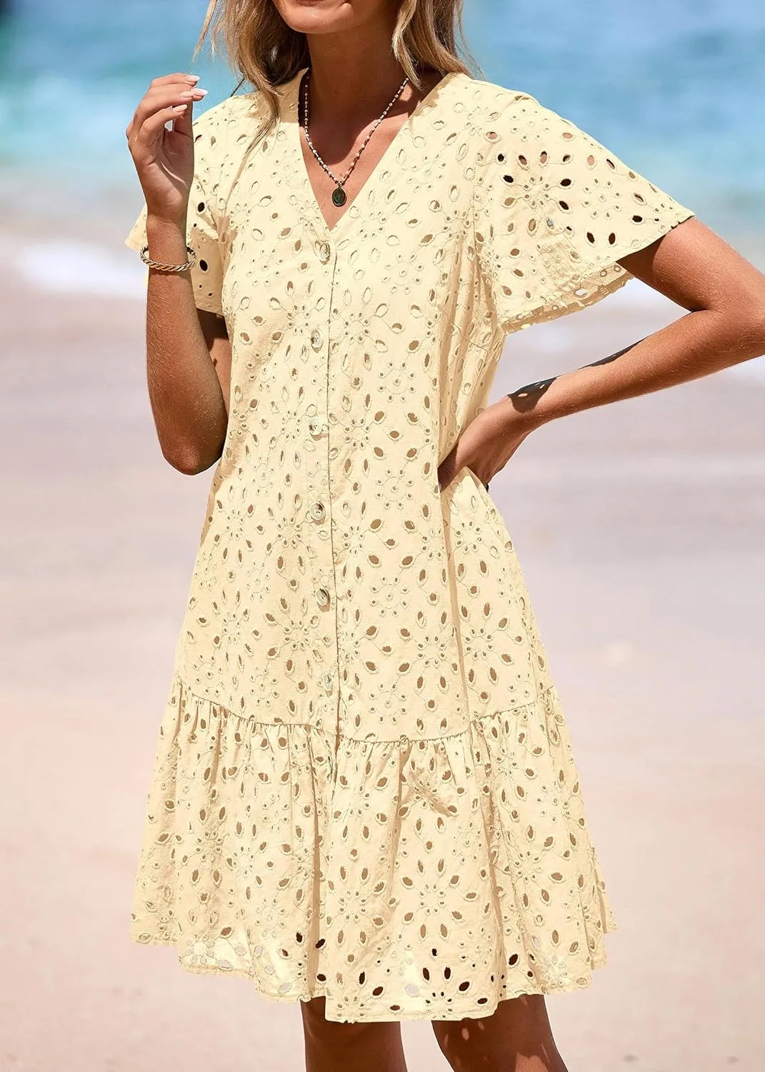 KIRUNDO Summer Dresses for Women 2025 Button Down V Neck Short Sleeve Hollow Out Lace A Line Casual Mini Babydoll Dress
