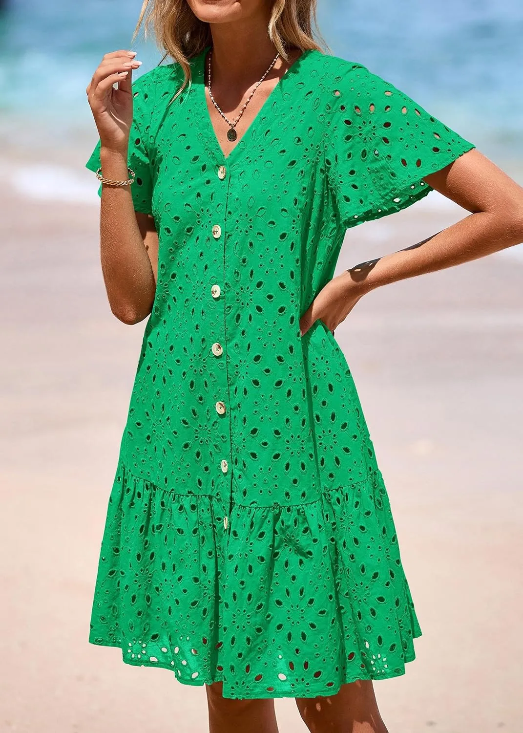 KIRUNDO Summer Dresses for Women 2025 Button Down V Neck Short Sleeve Hollow Out Lace A Line Casual Mini Babydoll Dress