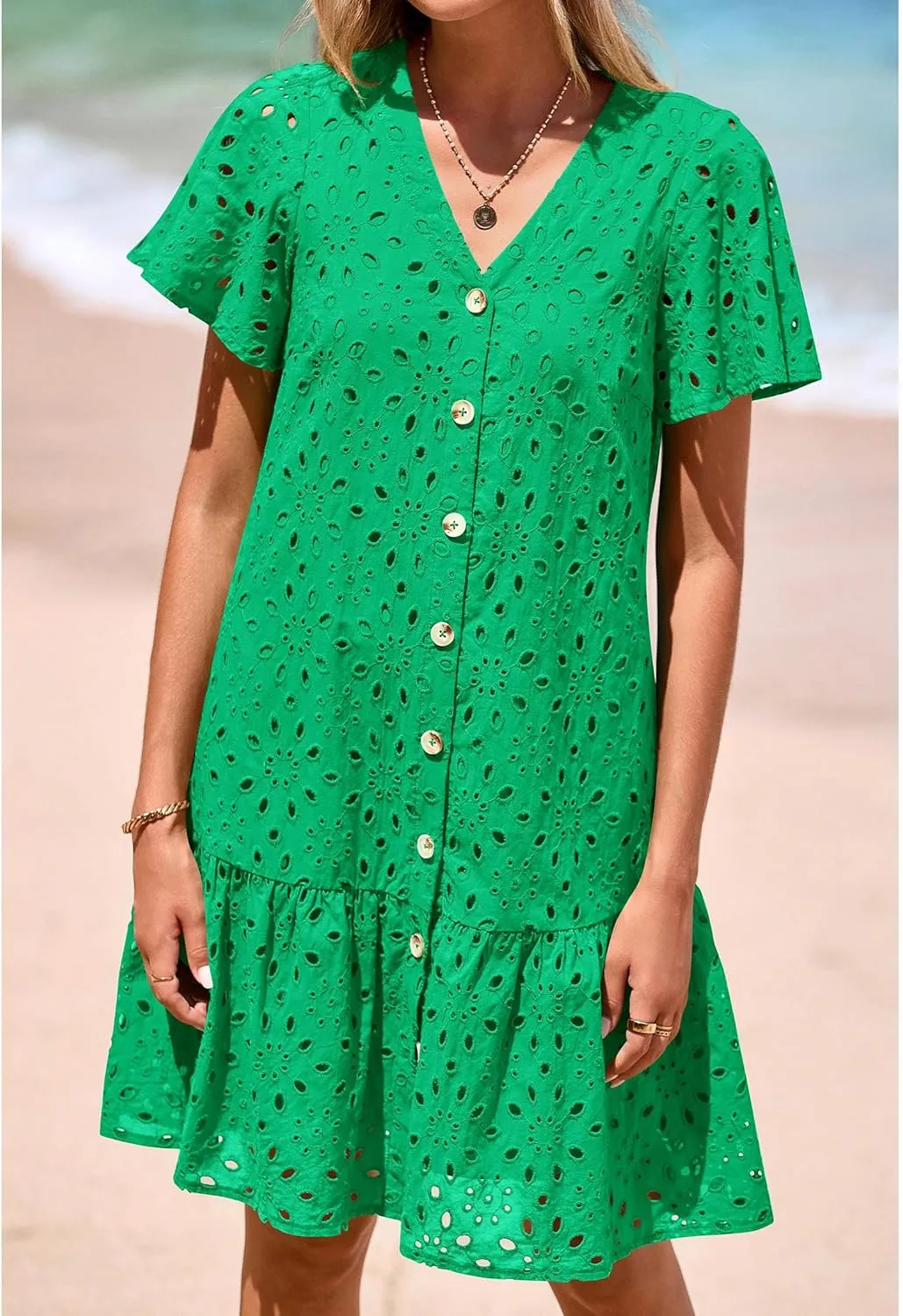 KIRUNDO Summer Dresses for Women 2025 Button Down V Neck Short Sleeve Hollow Out Lace A Line Casual Mini Babydoll Dress