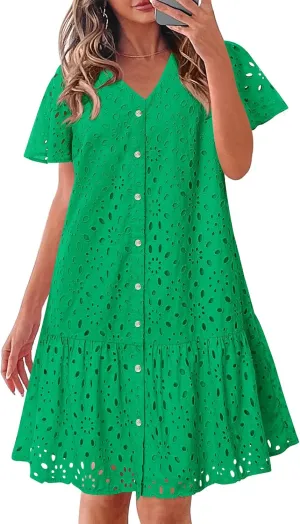 KIRUNDO Summer Dresses for Women 2025 Button Down V Neck Short Sleeve Hollow Out Lace A Line Casual Mini Babydoll Dress