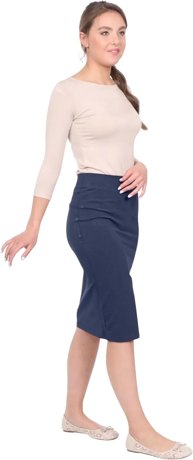 Kosher Casual Women's Modest Knee-Length Fitted Lightweight Cotton Spandex Pencil Skirt