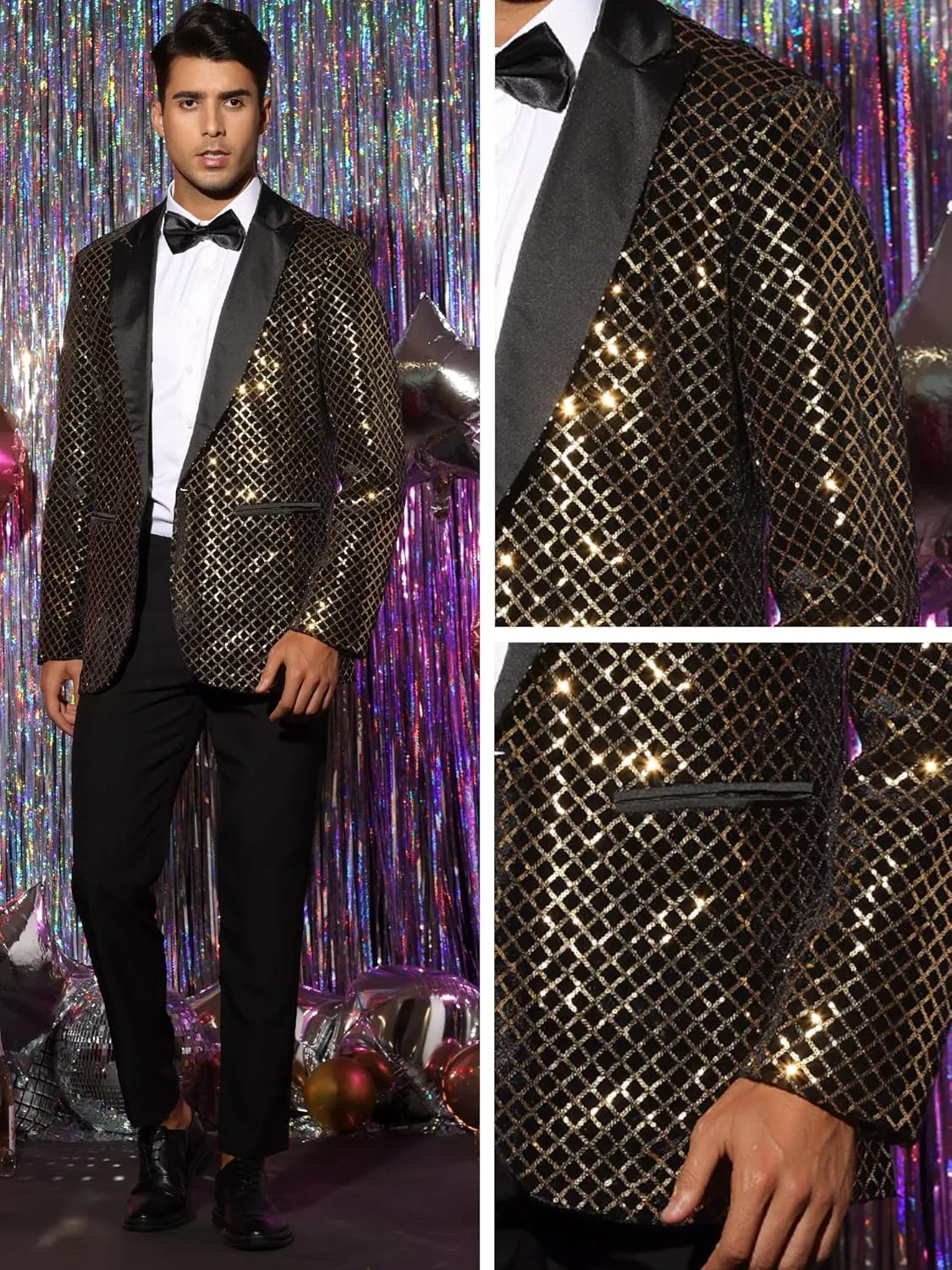 Lars Amadeus Sequin Blazer for Men's Peak Lapel Prom Party Shining Plaid Sports Coat
