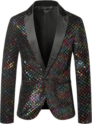 Lars Amadeus Sequin Blazer for Men's Peak Lapel Prom Party Shining Plaid Sports Coat
