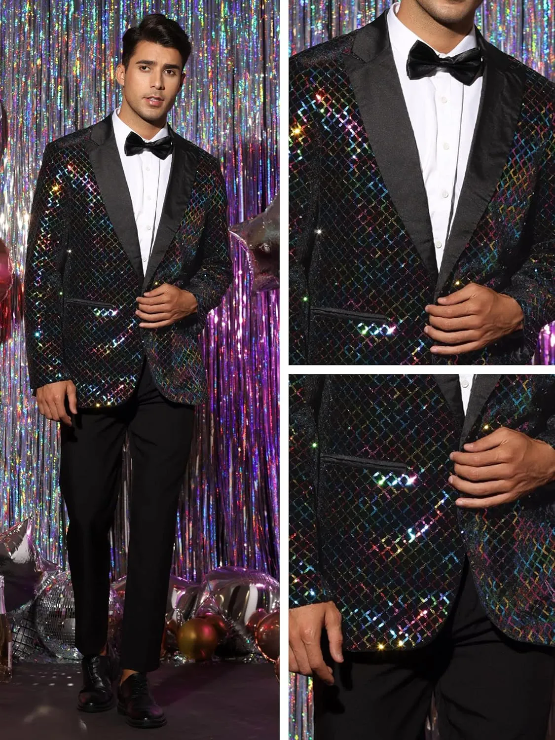 Lars Amadeus Sequin Blazer for Men's Peak Lapel Prom Party Shining Plaid Sports Coat
