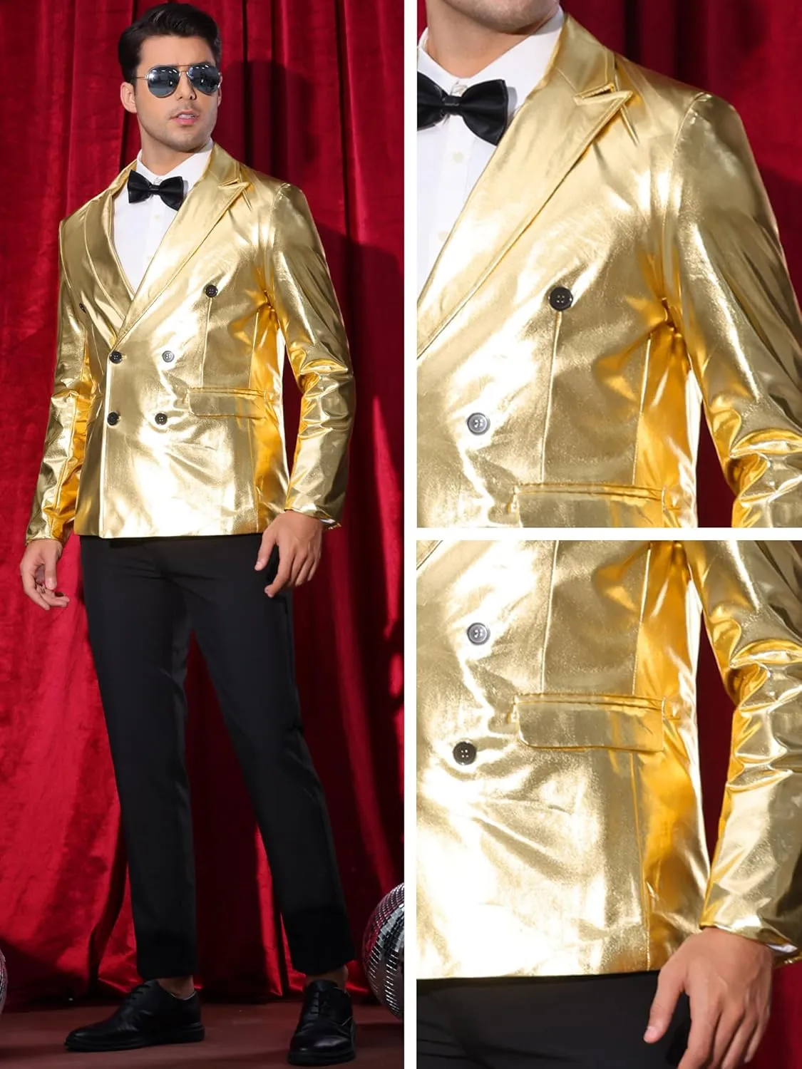 Lars Amadeus Sparkly Metallic Blazer for Men's Peak Lapel Double-Breasted Party Disco Sport Coat Shining Suit Jacket