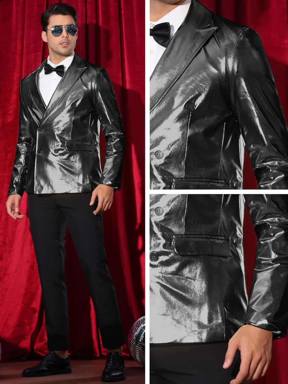 Lars Amadeus Sparkly Metallic Blazer for Men's Peak Lapel Double-Breasted Party Disco Sport Coat Shining Suit Jacket