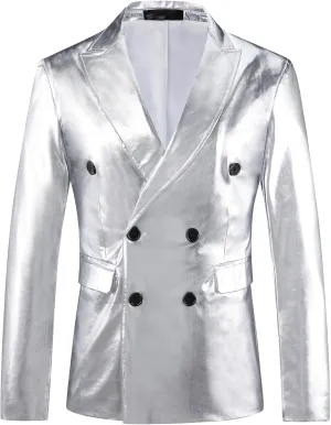 Lars Amadeus Sparkly Metallic Blazer for Men's Peak Lapel Double-Breasted Party Disco Sport Coat Shining Suit Jacket