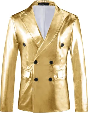 Lars Amadeus Sparkly Metallic Blazer for Men's Peak Lapel Double-Breasted Party Disco Sport Coat Shining Suit Jacket