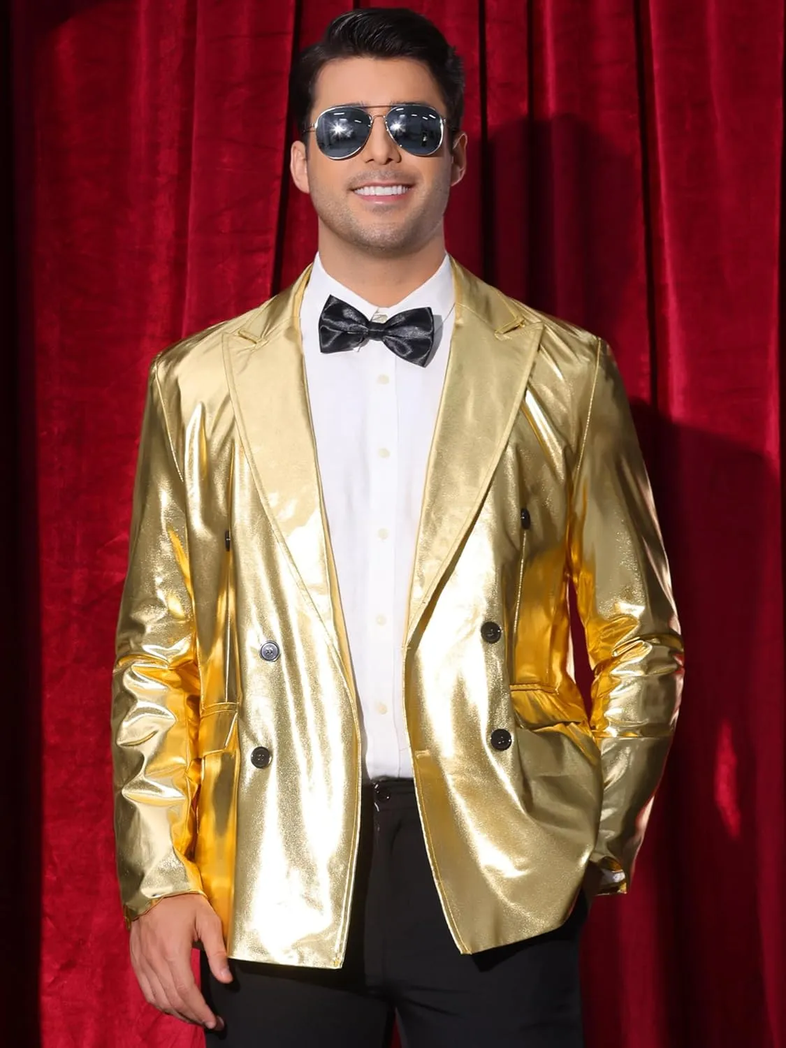 Lars Amadeus Sparkly Metallic Blazer for Men's Peak Lapel Double-Breasted Party Disco Sport Coat Shining Suit Jacket
