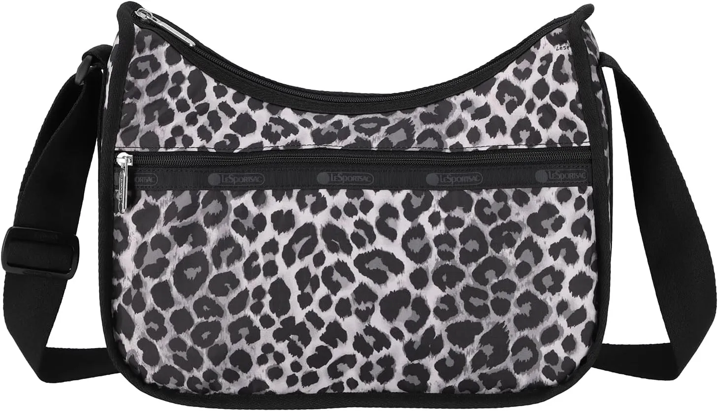 LeSportsac White Leopard Classic Hobo Crossbody Bag   Cosmetic Bag, Style 7520/Color E803, Modern Black, Slate Grey & Light Grey Abstract Interpretative Leopard Design, Sleek Black Trim