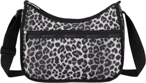 LeSportsac White Leopard Classic Hobo Crossbody Bag   Cosmetic Bag, Style 7520/Color E803, Modern Black, Slate Grey & Light Grey Abstract Interpretative Leopard Design, Sleek Black Trim