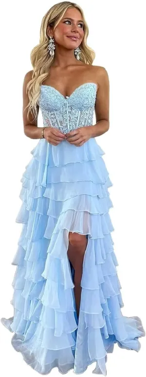 Lindo Noiva Women's Lace Appliques Tiered Prom Dresses 2025 Long Lace Appliques Chiffon Evening Dress with Slit P1213