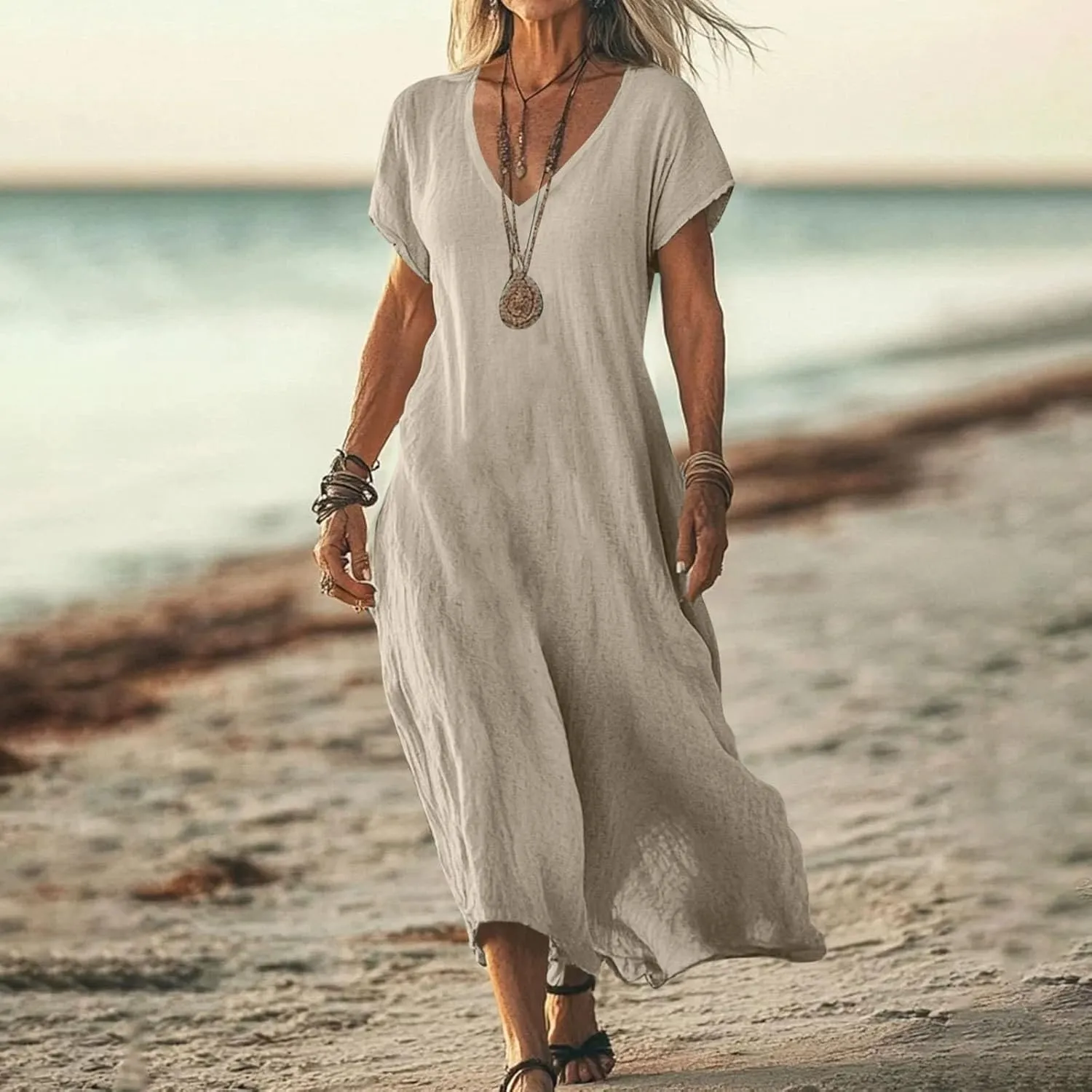 Linen Casual Dresses for Women Flowy V Neck Short Sleeve Maxi Lightweight Summer Beach Vacation Dress