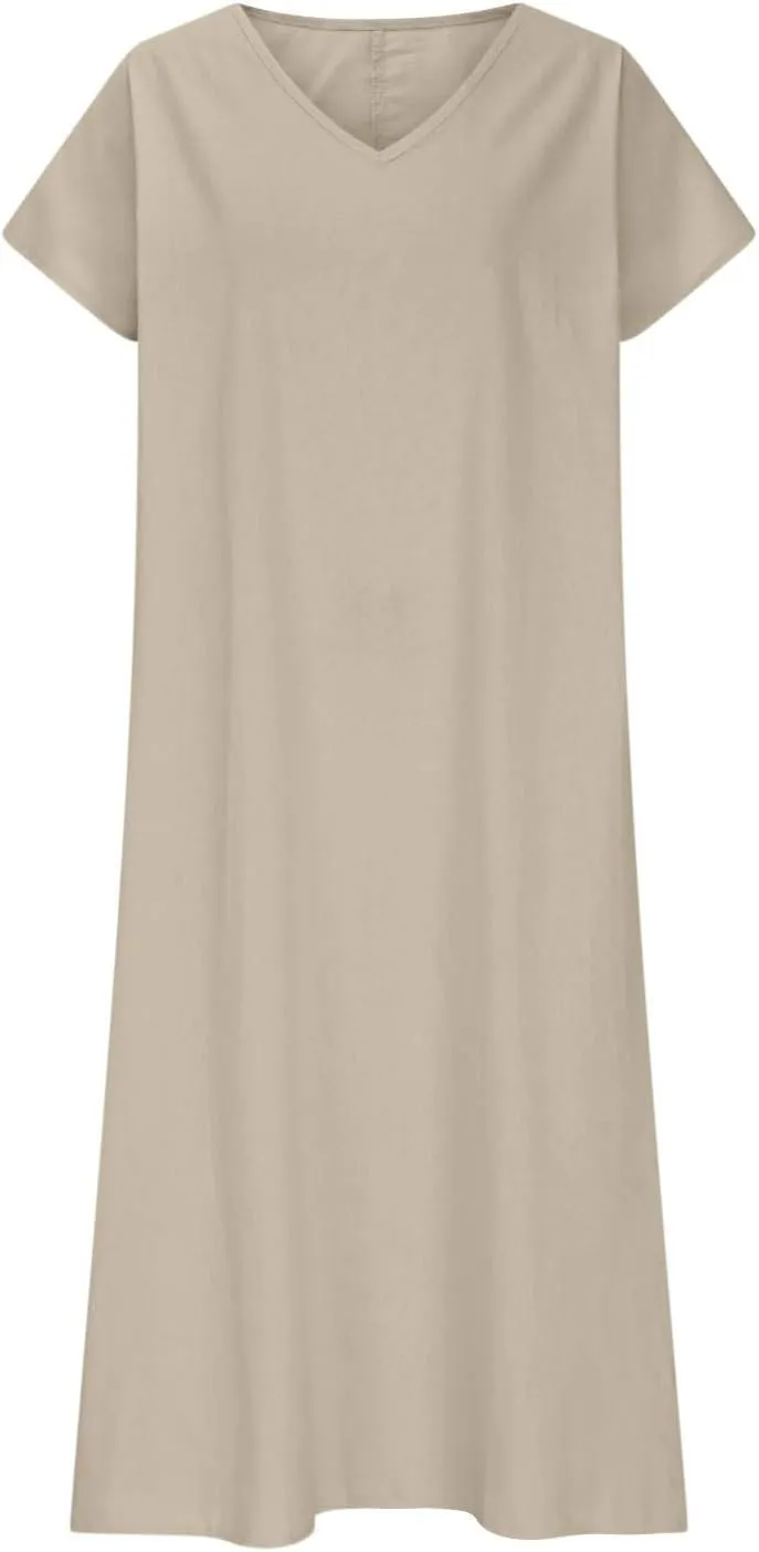 Linen Casual Dresses for Women Flowy V Neck Short Sleeve Maxi Lightweight Summer Beach Vacation Dress