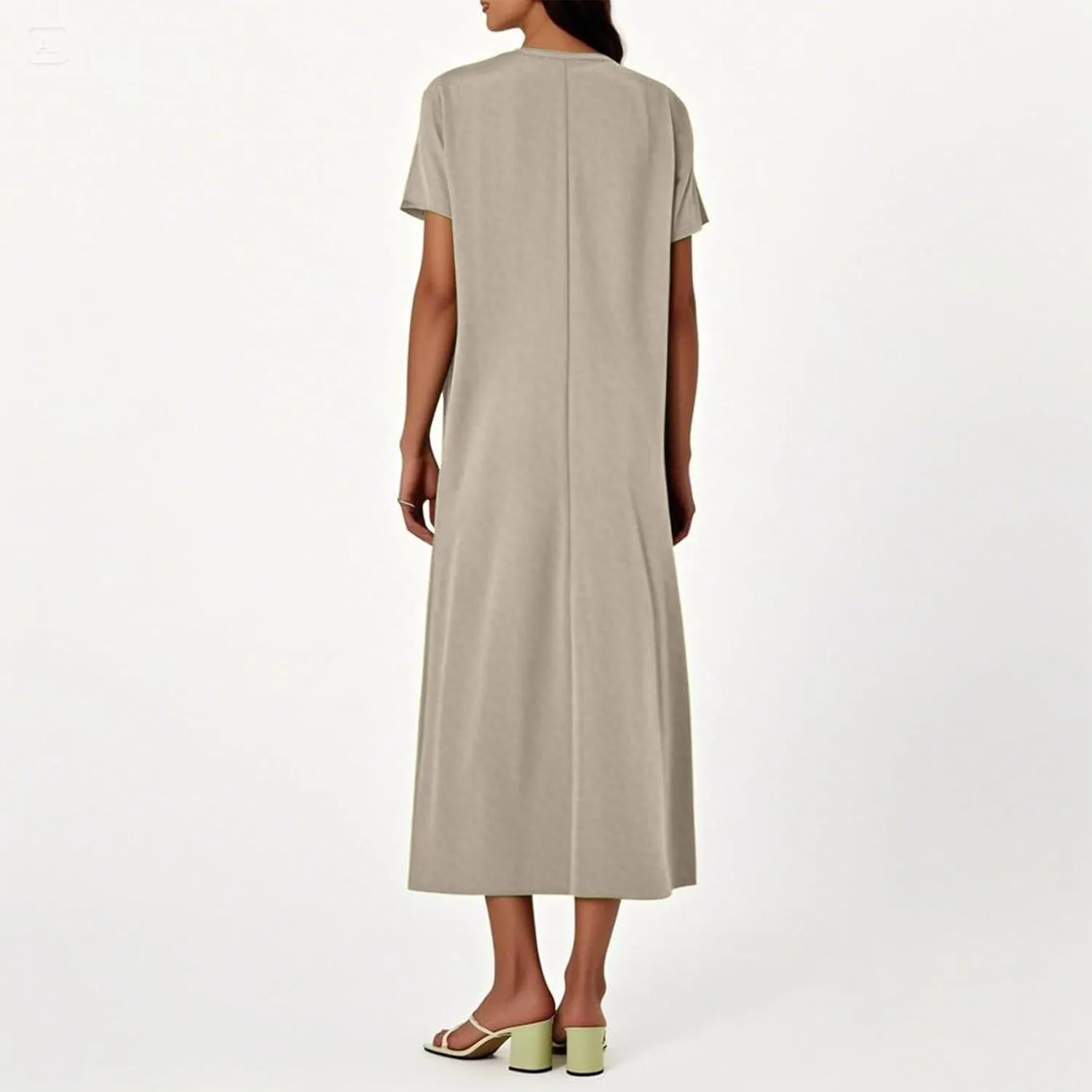 Linen Casual Dresses for Women Flowy V Neck Short Sleeve Maxi Lightweight Summer Beach Vacation Dress