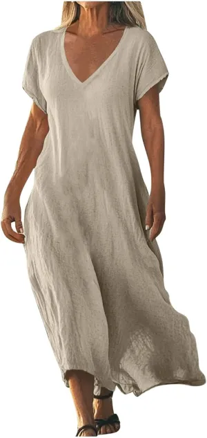Linen Casual Dresses for Women Flowy V Neck Short Sleeve Maxi Lightweight Summer Beach Vacation Dress