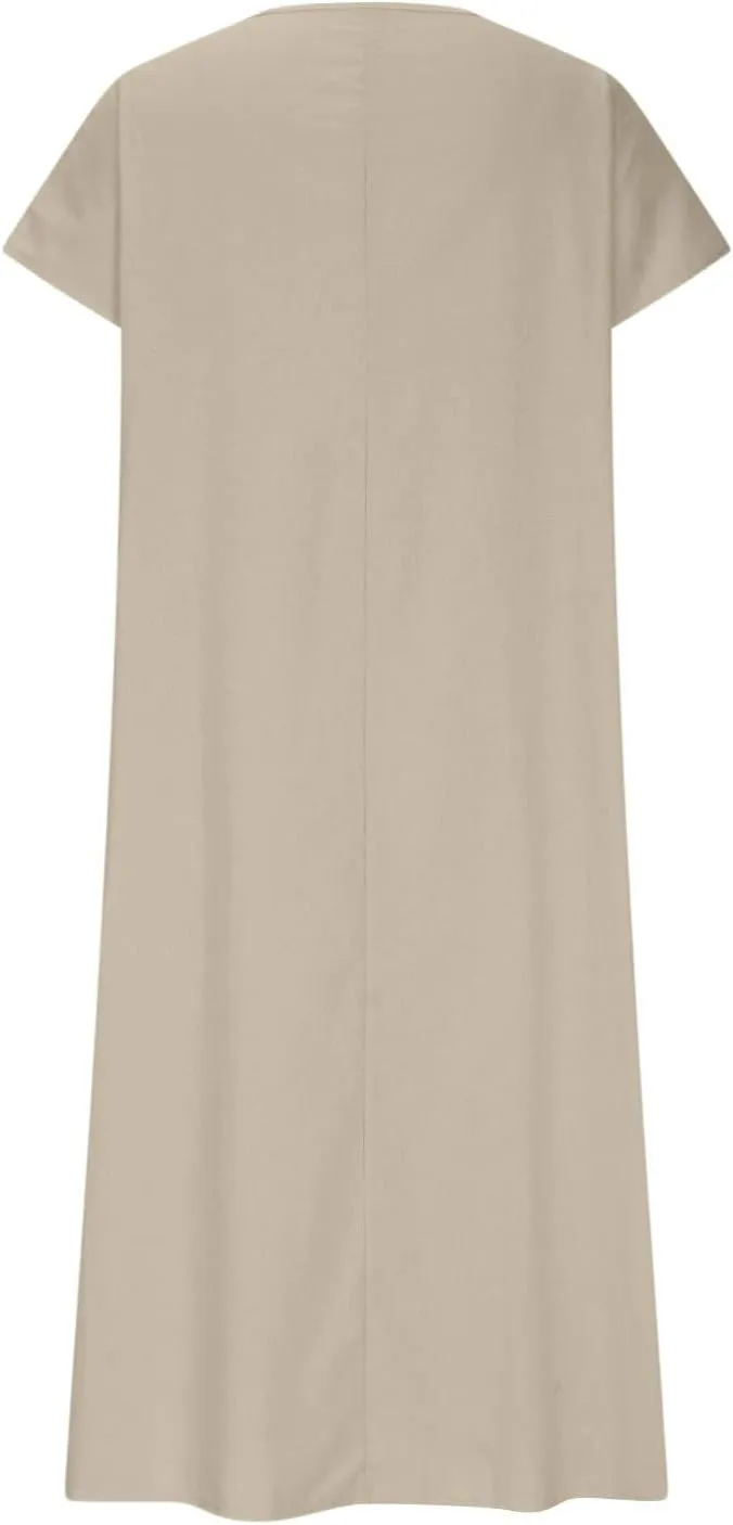 Linen Casual Dresses for Women Flowy V Neck Short Sleeve Maxi Lightweight Summer Beach Vacation Dress