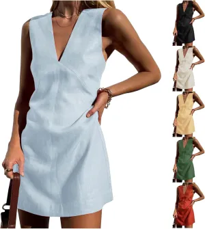 Linen Mini Dress for Women Summer Sleeveless V Neck Tshirt Dresses Lightweight Casual Solid Color A-line Sundress