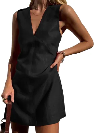 Linen Mini Dress for Women Summer Sleeveless V Neck Tshirt Dresses Lightweight Casual Solid Color A-line Sundress