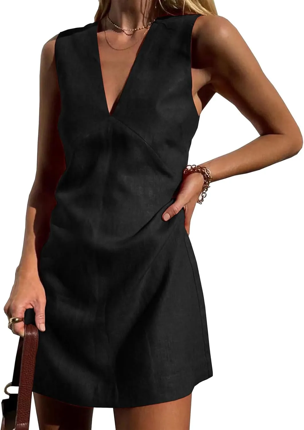 Linen Mini Dress for Women Summer Sleeveless V Neck Tshirt Dresses Lightweight Casual Solid Color A-line Sundress