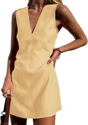 Linen Mini Dress for Women Summer Sleeveless V Neck Tshirt Dresses Lightweight Casual Solid Color A-line Sundress