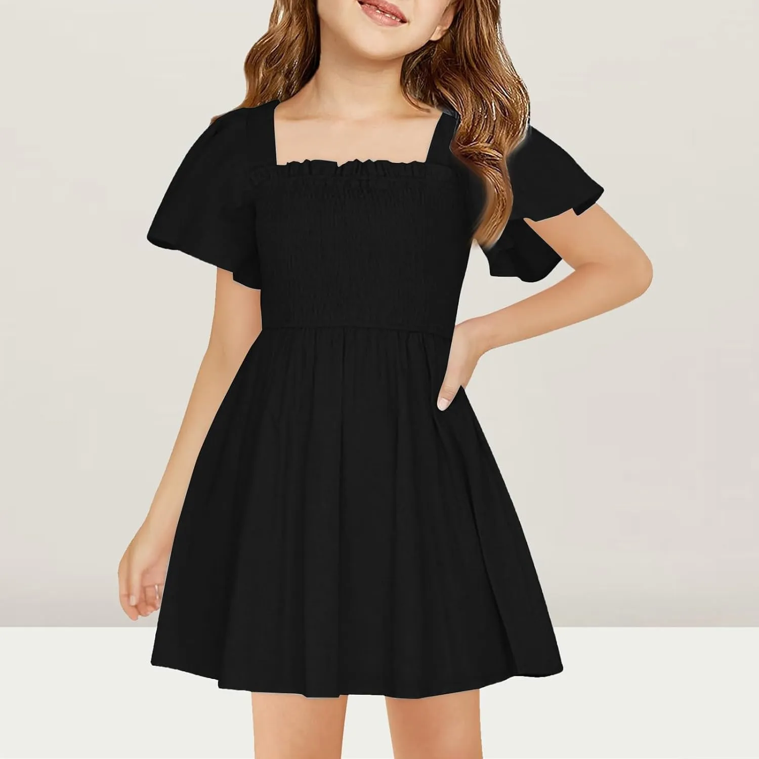 Little Girl Dresses Summer Ruffle Sleeve A-Line Party Dresses Square Neck Lightweight Dance Wedding Dress 5-14 Years