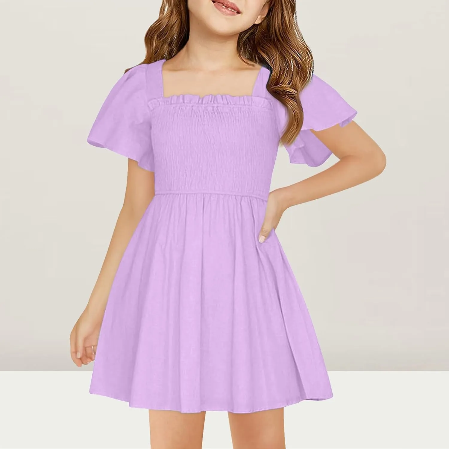 Little Girl Dresses Summer Ruffle Sleeve A-Line Party Dresses Square Neck Lightweight Dance Wedding Dress 5-14 Years