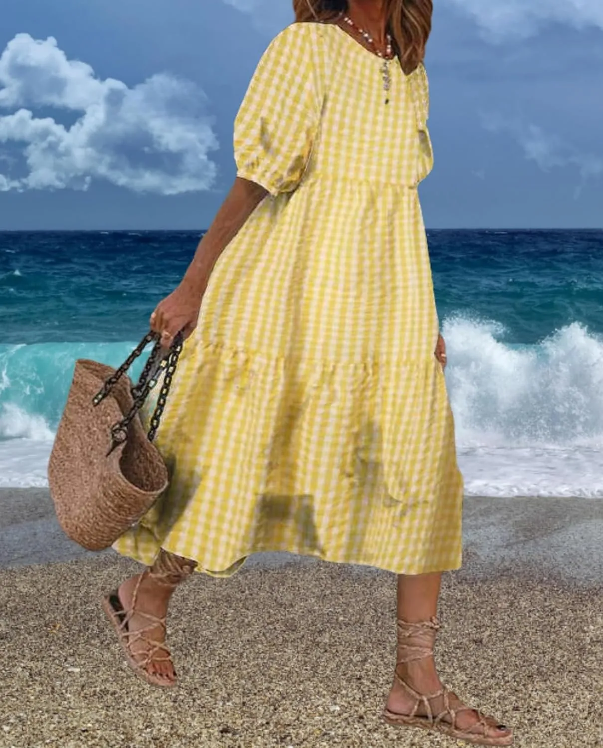 LOAIHA Women's Linen Puff Short Sleeve Crewneck Tiered Dress Summer Casual Flowy Plus Size Long Dress