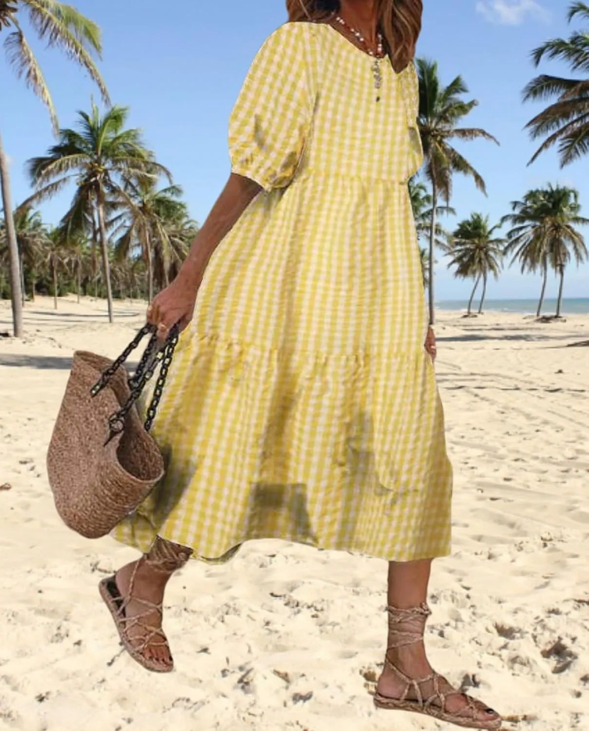 LOAIHA Women's Linen Puff Short Sleeve Crewneck Tiered Dress Summer Casual Flowy Plus Size Long Dress