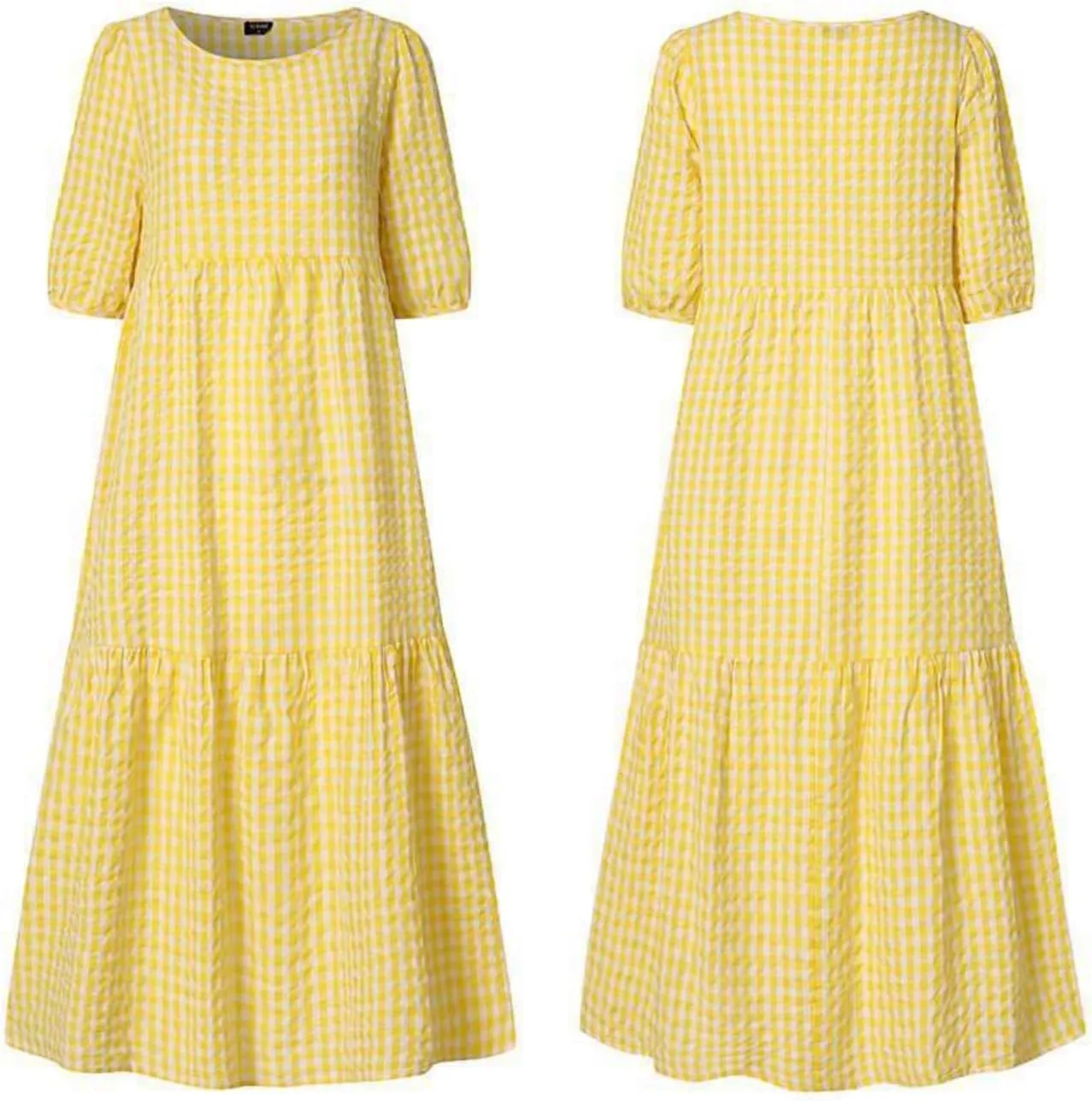 LOAIHA Women's Linen Puff Short Sleeve Crewneck Tiered Dress Summer Casual Flowy Plus Size Long Dress