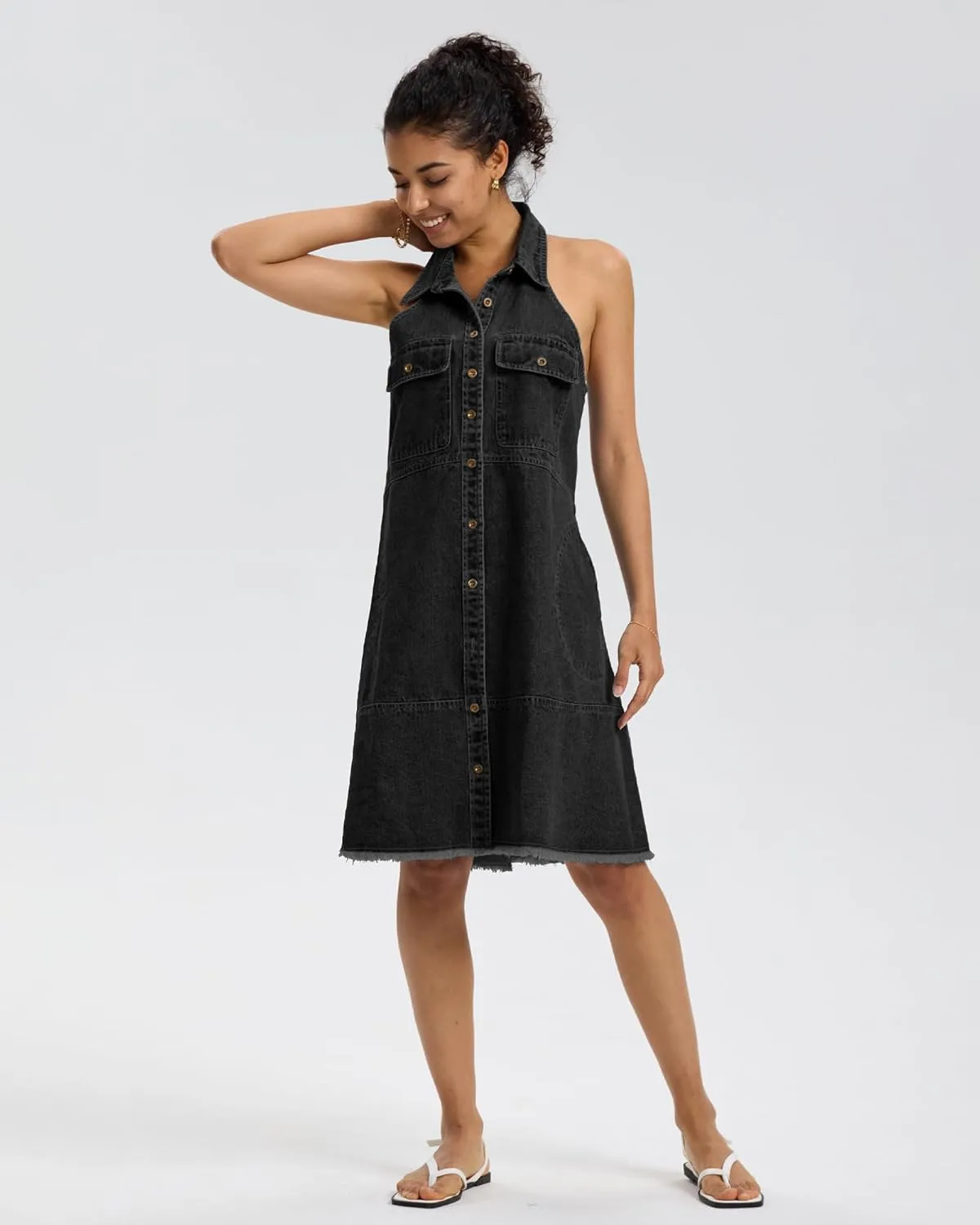Locachy Women's Summer Sleeveless Halter Neck Button Down Denim Dress Casual A-Line Jean Shirt Dresses