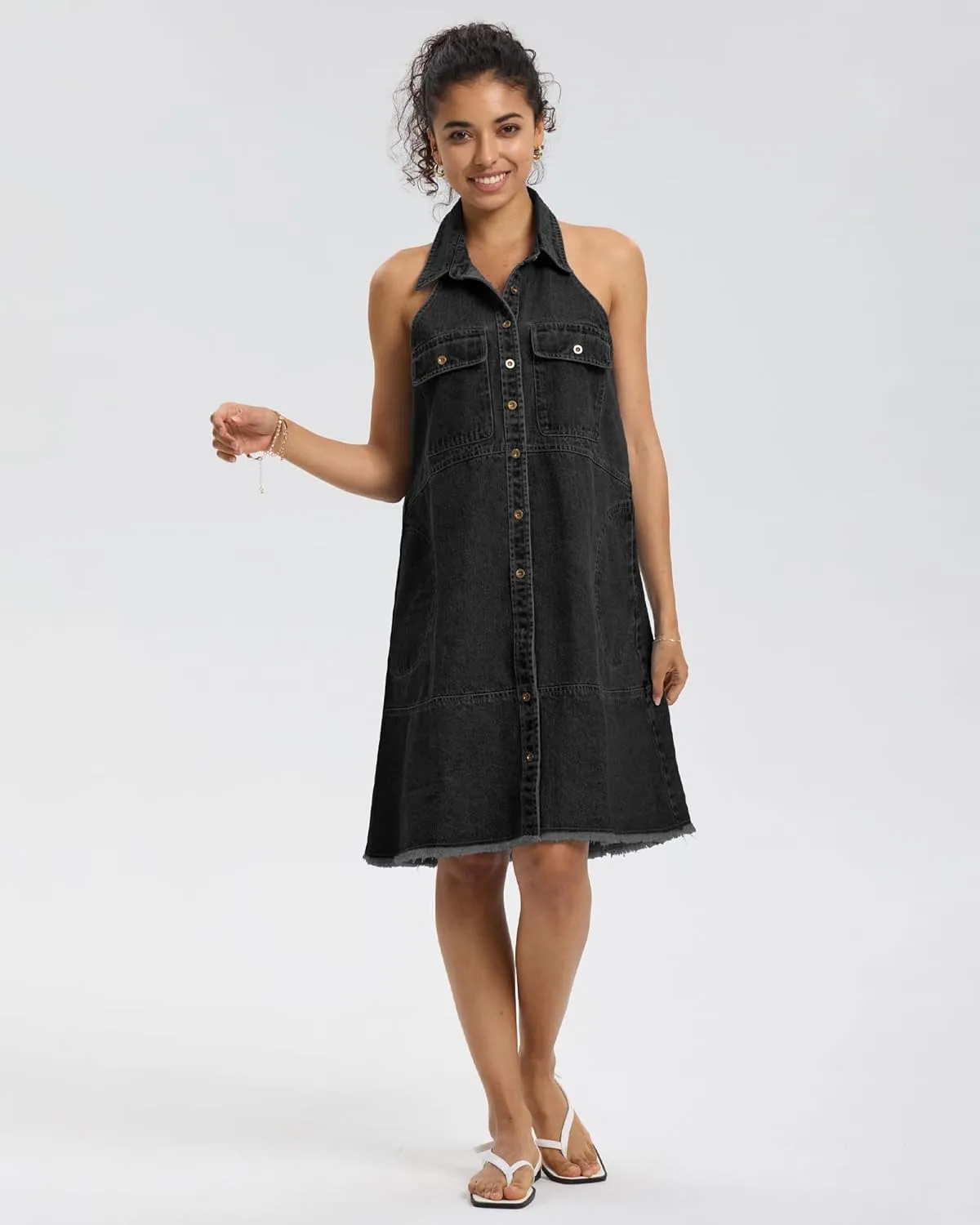 Locachy Women's Summer Sleeveless Halter Neck Button Down Denim Dress Casual A-Line Jean Shirt Dresses
