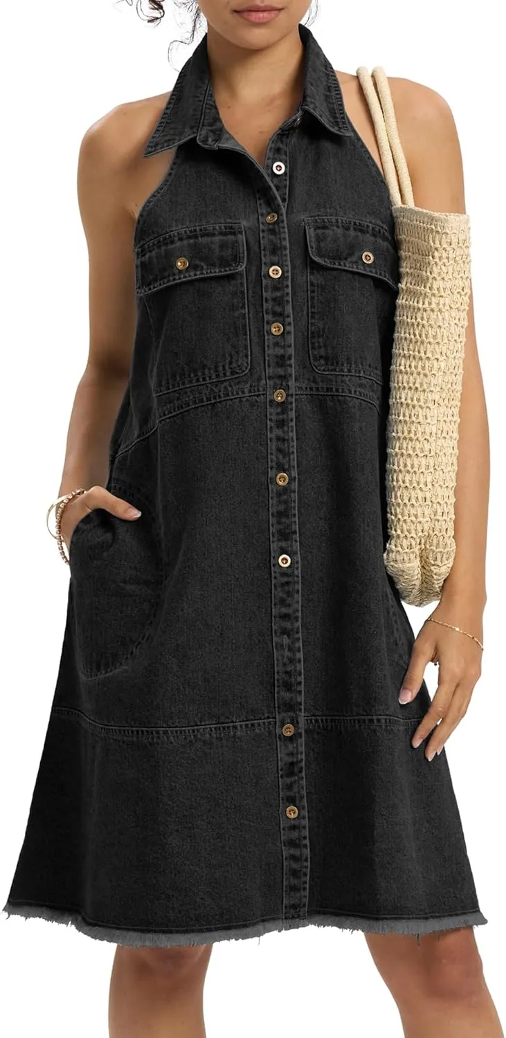 Locachy Women's Summer Sleeveless Halter Neck Button Down Denim Dress Casual A-Line Jean Shirt Dresses