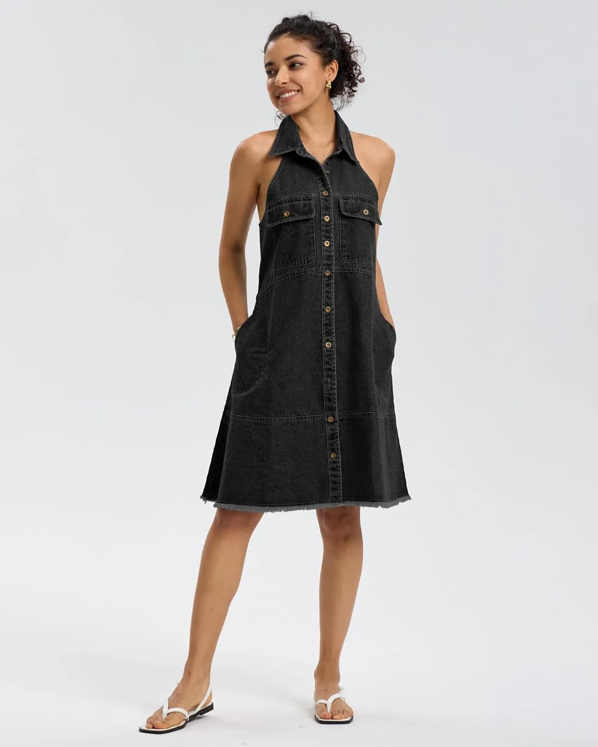 Locachy Women's Summer Sleeveless Halter Neck Button Down Denim Dress Casual A-Line Jean Shirt Dresses
