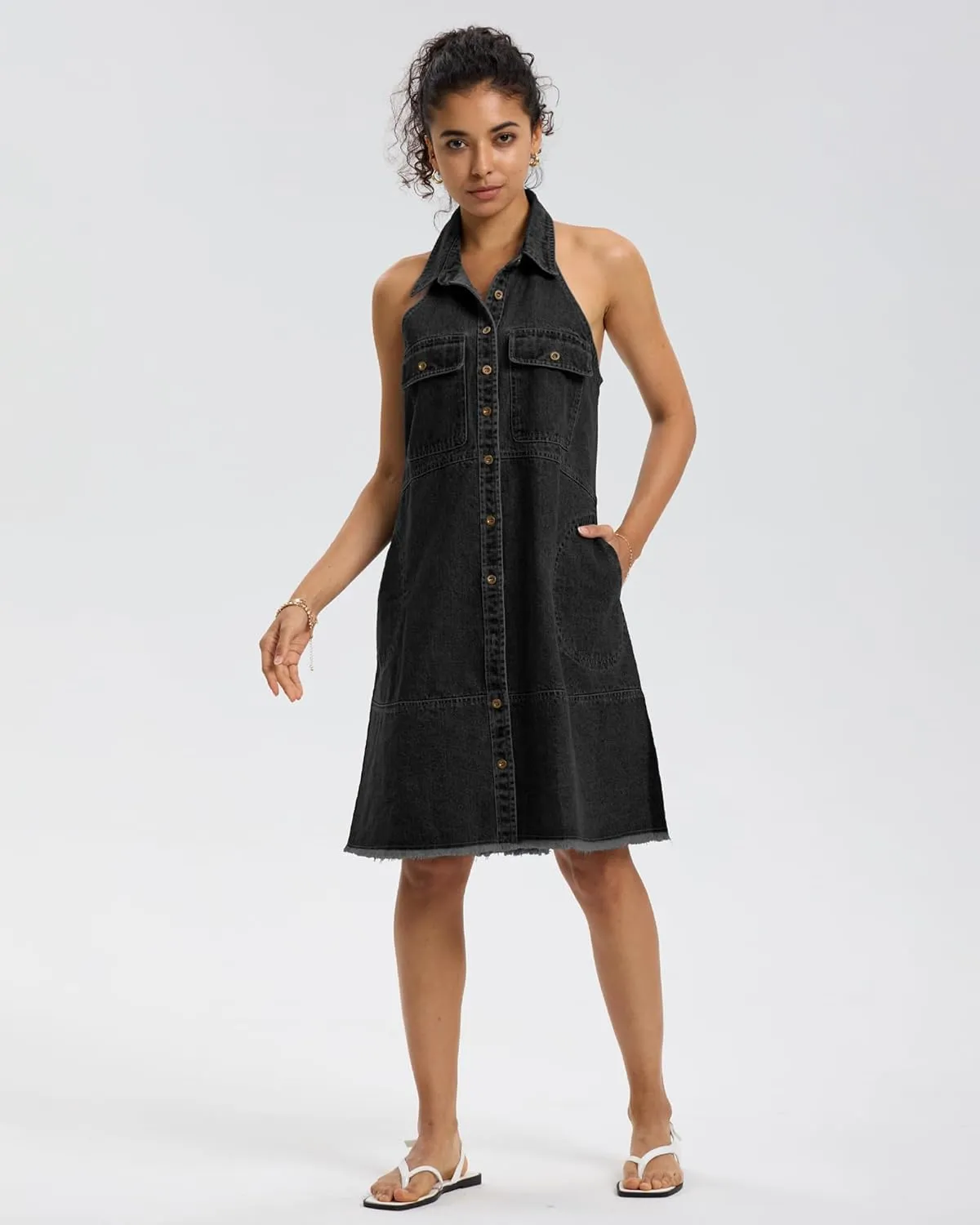 Locachy Women's Summer Sleeveless Halter Neck Button Down Denim Dress Casual A-Line Jean Shirt Dresses
