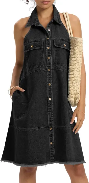 Locachy Women's Summer Sleeveless Halter Neck Button Down Denim Dress Casual A-Line Jean Shirt Dresses