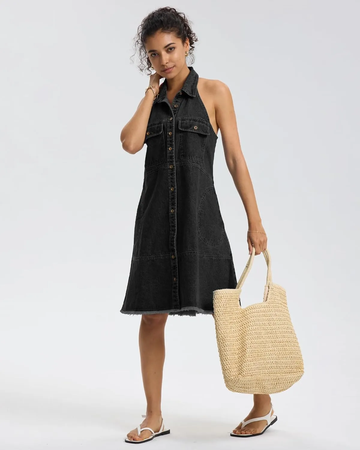Locachy Women's Summer Sleeveless Halter Neck Button Down Denim Dress Casual A-Line Jean Shirt Dresses
