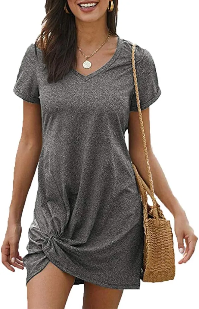 Locryz Women's Summer Twist Knot Tshirt Dresses Casual V Neck Short Sleeve Knot Dress