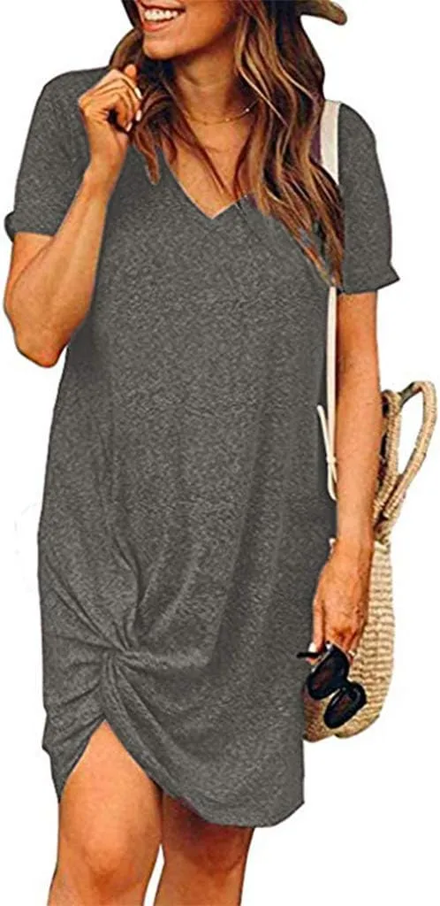 Locryz Women's Summer Twist Knot Tshirt Dresses Casual V Neck Short Sleeve Knot Dress