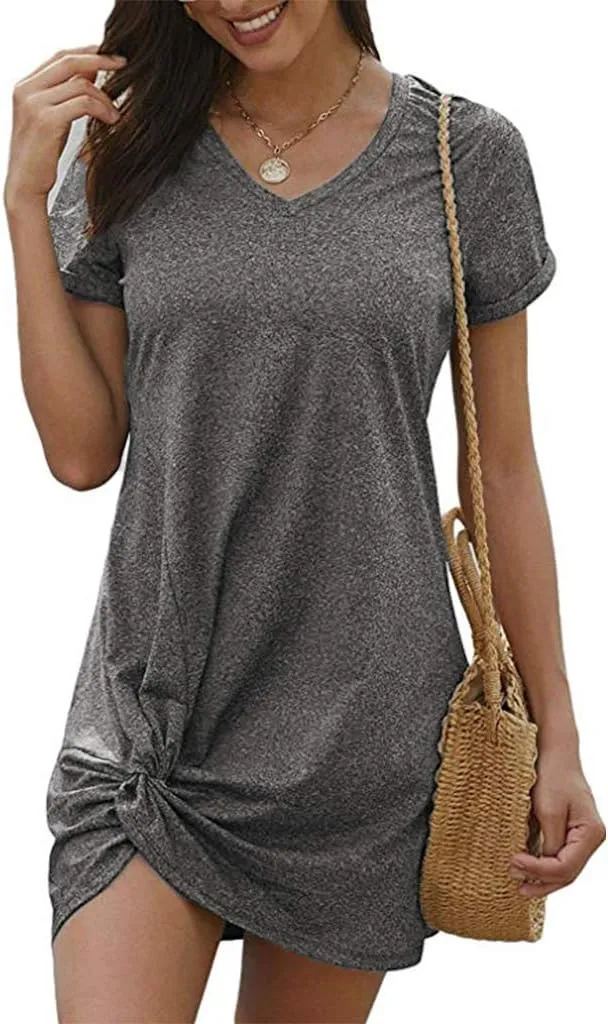 Locryz Women's Summer Twist Knot Tshirt Dresses Casual V Neck Short Sleeve Knot Dress