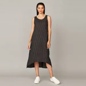 Long Linen Pinstriped Sheath Dress (Black   White)