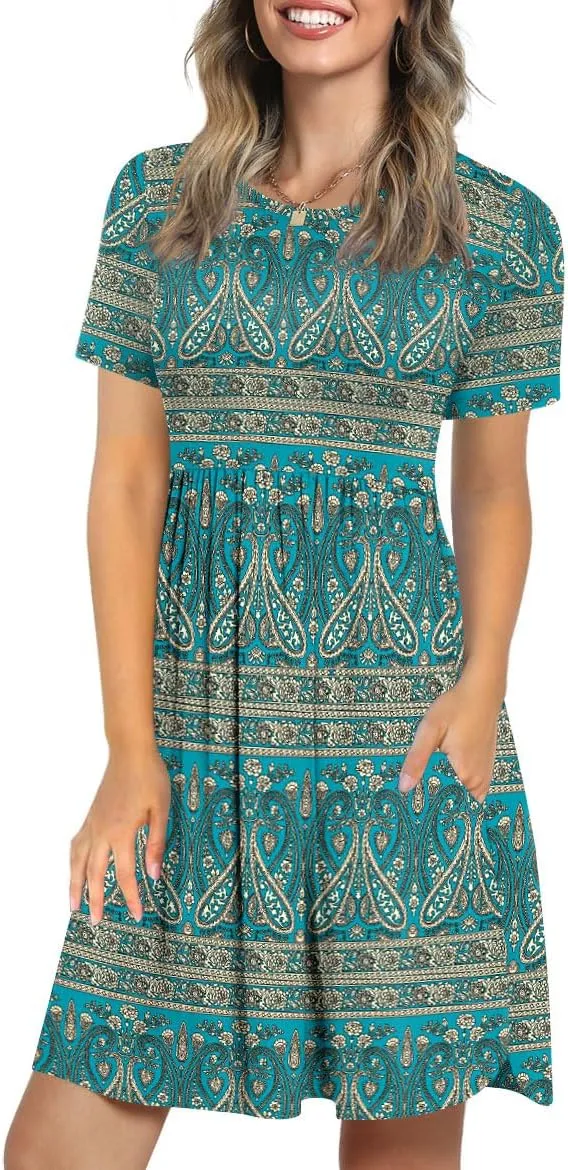 LONGYUAN Women's Casual Dresses 2025 Summer Short Sleeve Dress Hide Belly Loose Fit Sundress with Pockets S-3XL